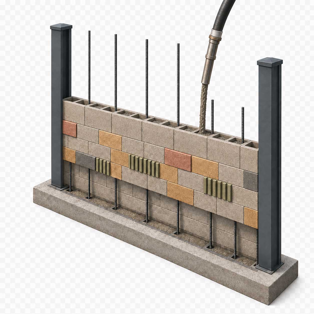 Verfüllen der Lärmschutzsteine mit Beton
