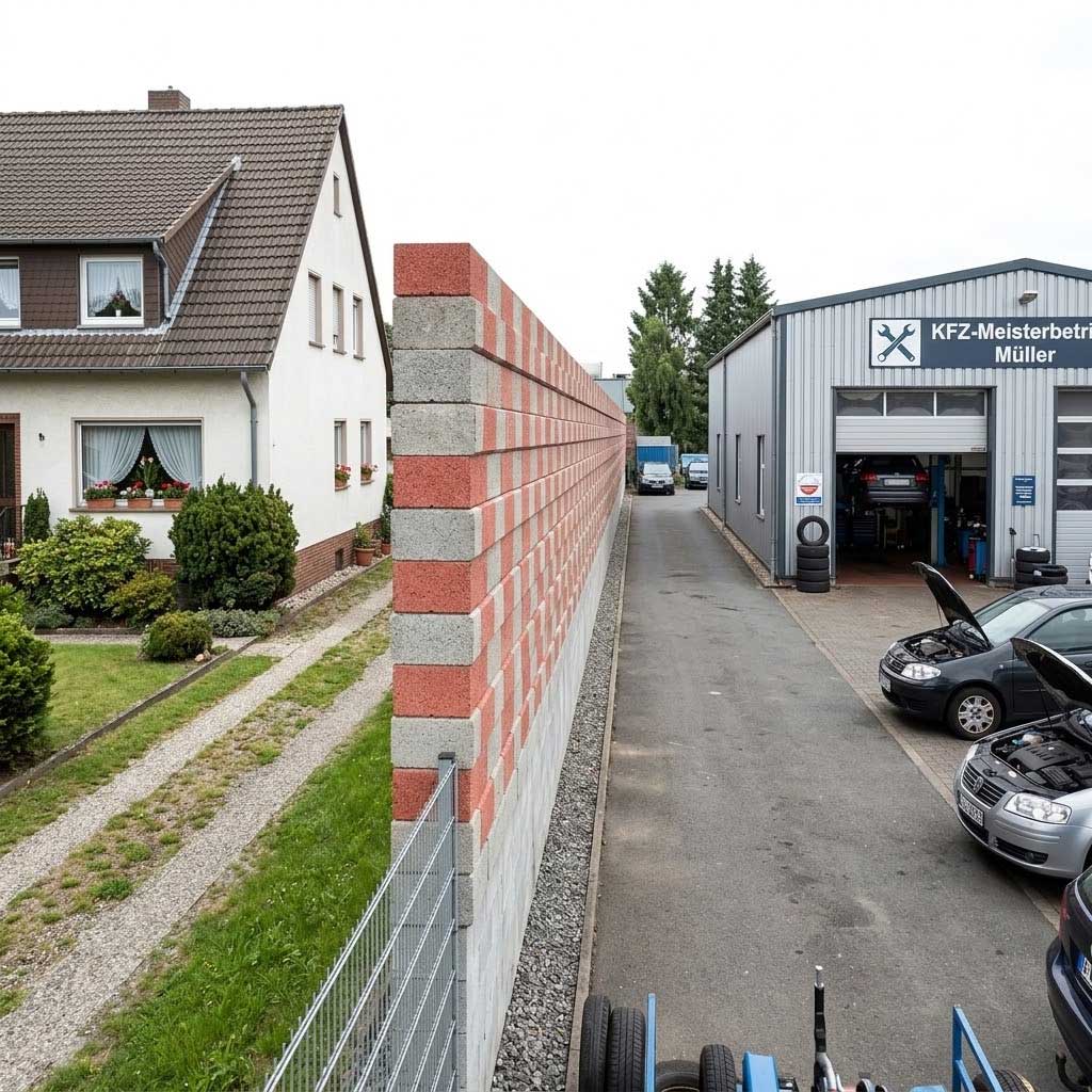 Lärmschutzwand bei Autowerkstatt – Baustelle